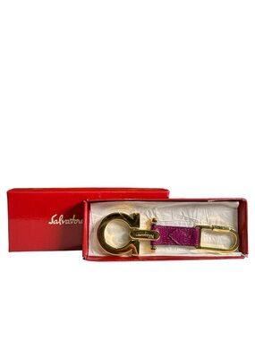 Salvatore Ferragamo Fuchsia Leather Gancini Key & Card Holder with Gold Hardware